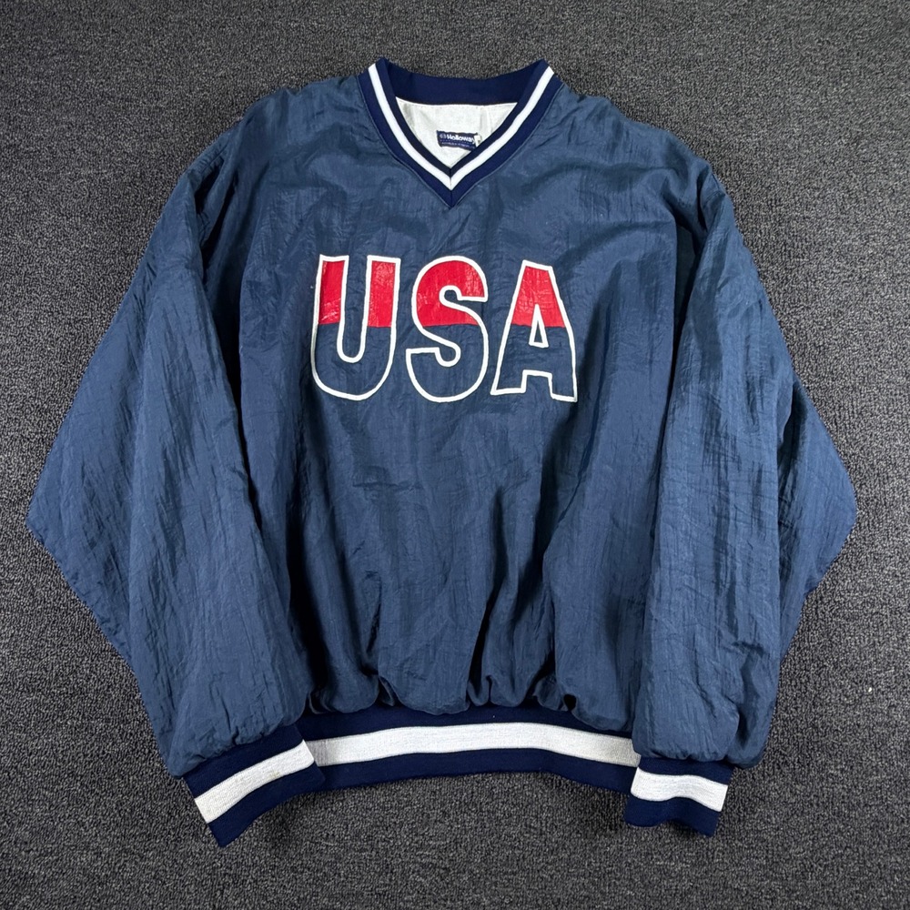 USA Windbreaker Pullover Mens XL Navy Blue Graphic Holloway V-Neck